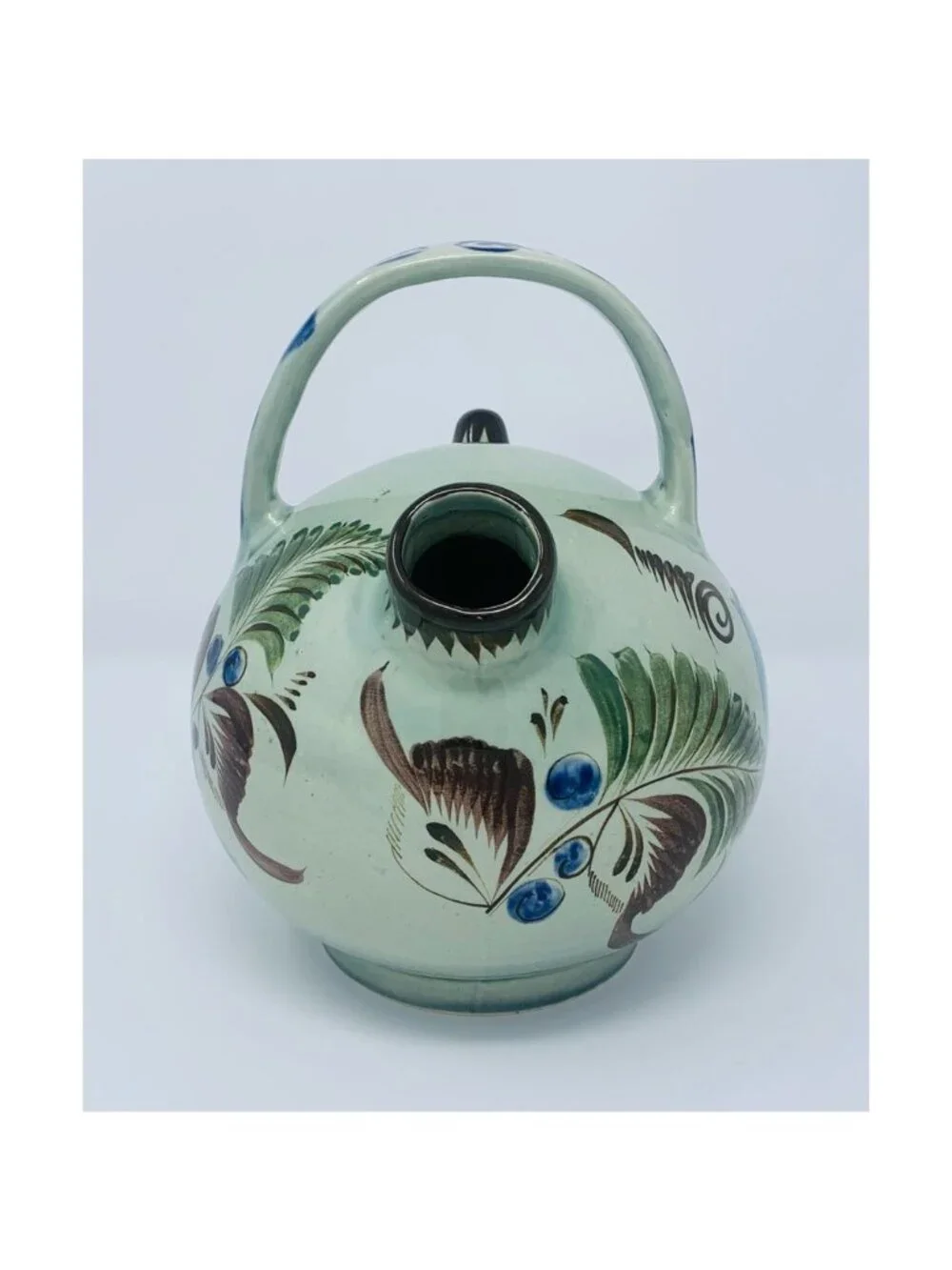 Vintage Noe Suro Tonala Teapot Floral Blue Bird Folk Art Mexico Signed 8x6